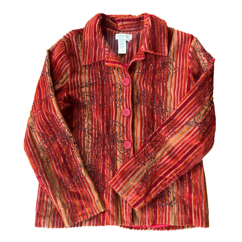 Coldwater Creek Velvet Jacket Womens M Red Orange Striped Floral Embroidered
